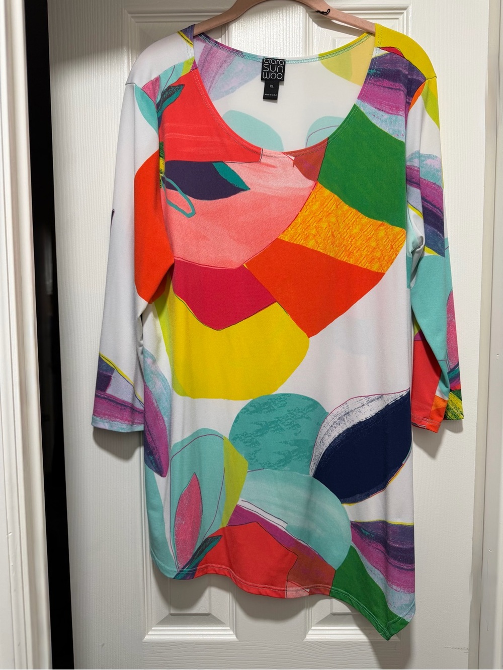Clara Sun Woo Multicolor Abstract V-Neck Tunic - Yellow, Red, Green, Blue, Pink